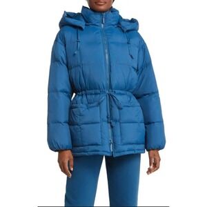 NEW Beyond Yoga Blue Gem Hooded Puffer Jacket Drawstring Waist Size M